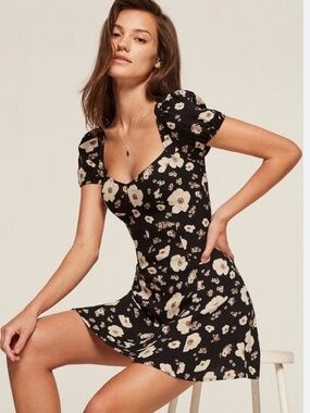Reformation Black Mini Dress with Cream Floral Print